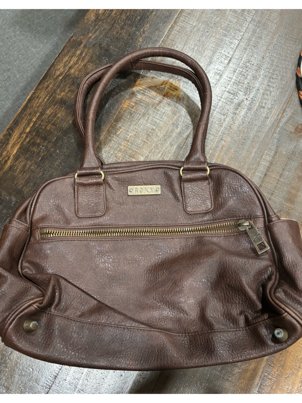 Brown ROXY Leather Tote Bag with Front Zip Pocket